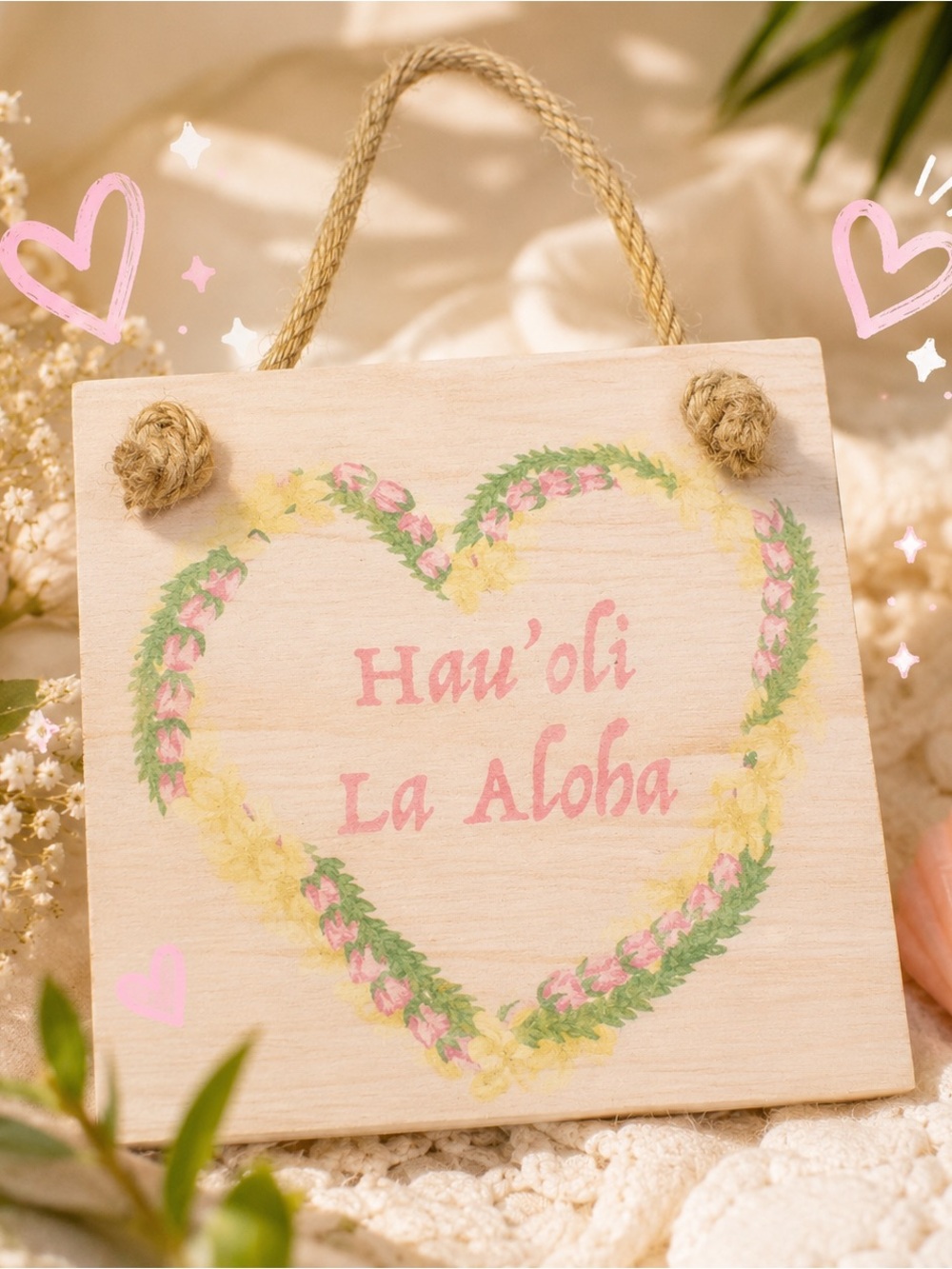 Wooden Heart Wall Sign - Pink and Green Floral Aloha Decor